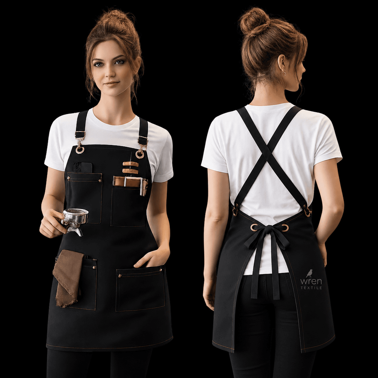 Barista önlüğü çapraz ayarlamalı askılı deri detaylı